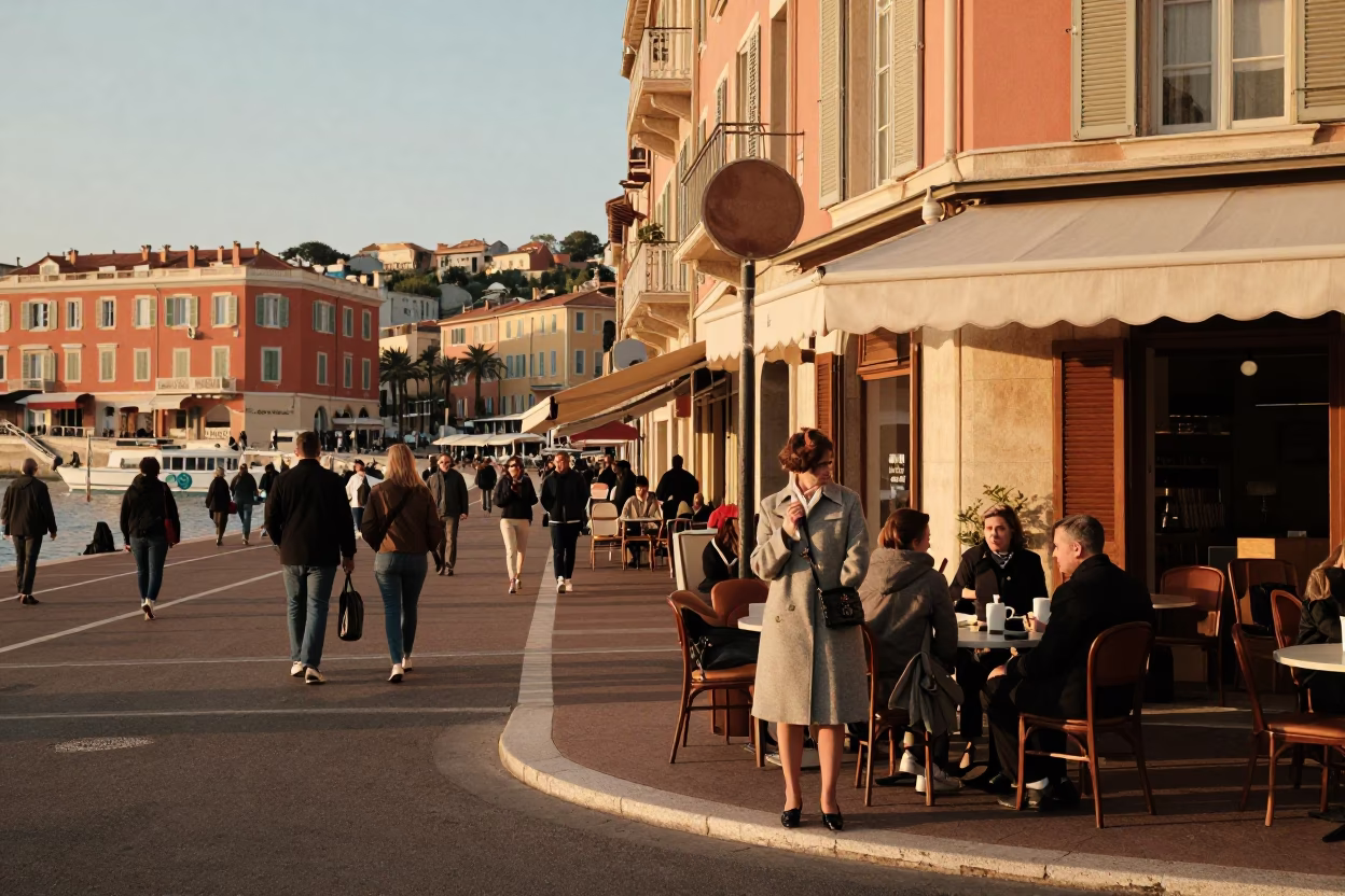 Busy Nice France street scene with vintage 1950s charm and local commerce in in Nice, France