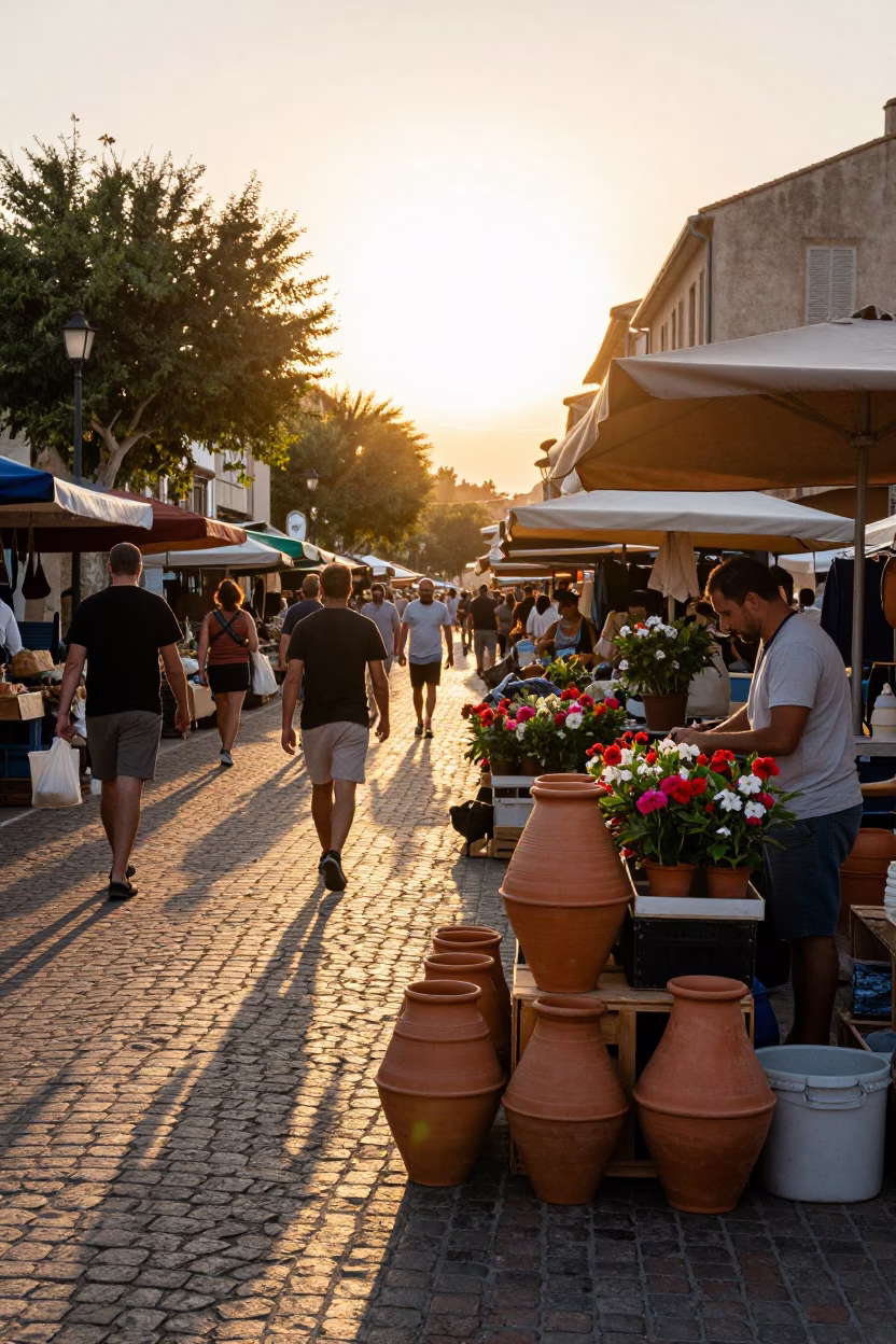 Busy Nice France Sunset Street Scene with Clay Pots and Local Life in in Nice, France