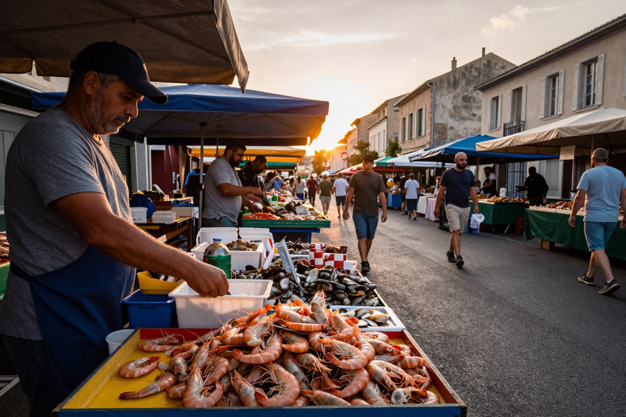 Busy Nice France Sunset Street Scene with Local Market Vendors and Shrimp Processing in in Nice, France
