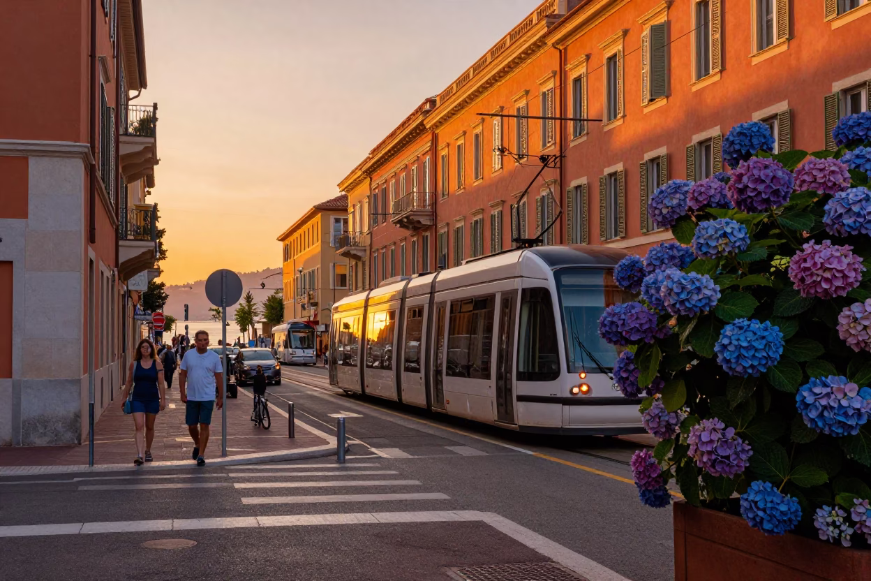 Busy Nice France Sunset Street Scene with Tram and Hydrangea Bush in in Nice, France