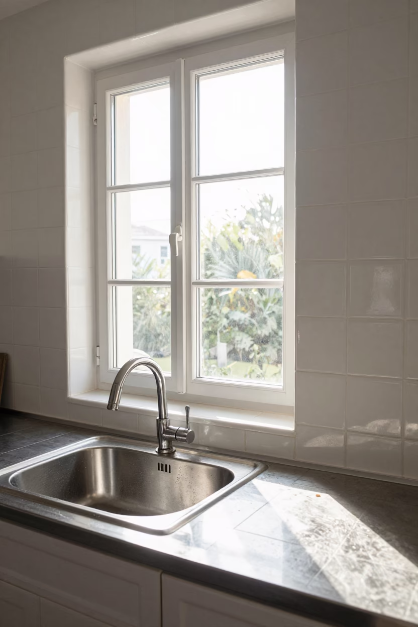 Busy Nice Kitchen Window View with Ceramic Tiles and Morning Light in in Nice, France