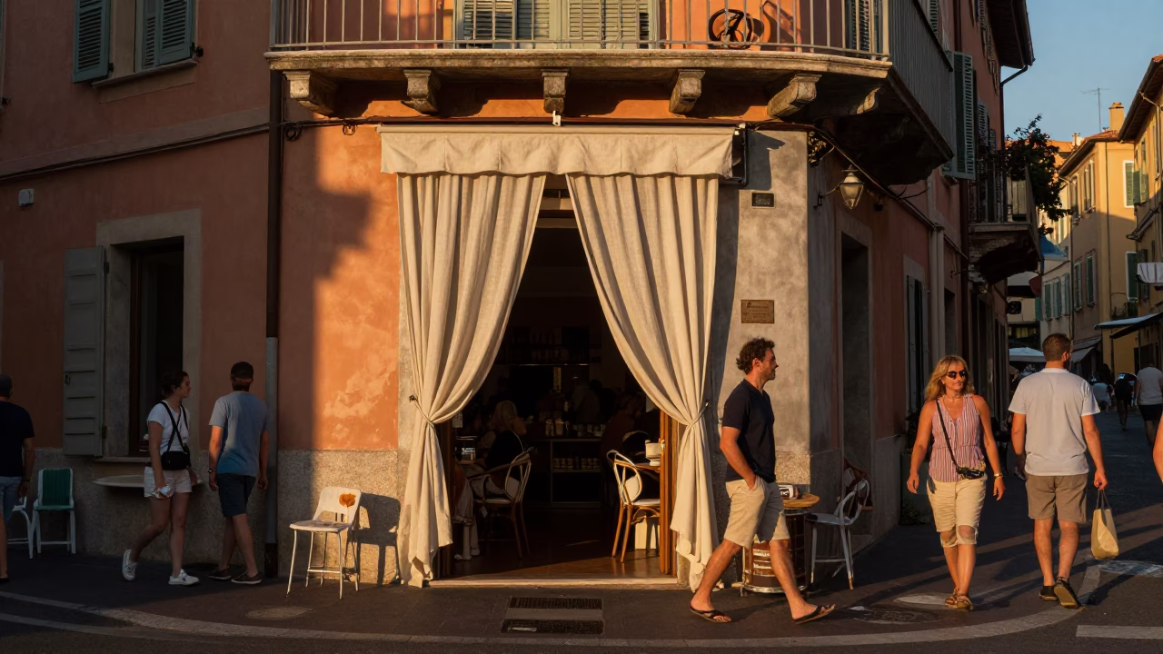 Busy Nice street corner summer evening with linen curtains and spice jar in in Nice, France