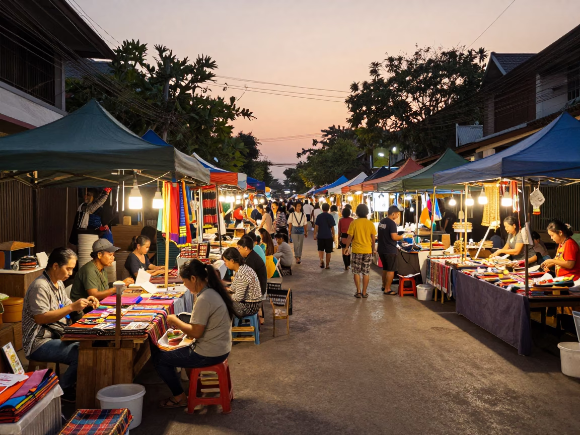 Busy Night Market in Chiang Mai at Golden Hour in in Chiang Mai, Thailand