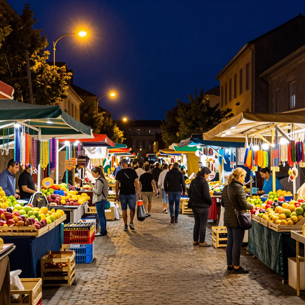 Busy Night Market in Nice France with Colorful Stalls and Beaded Sandals in in Nice, France