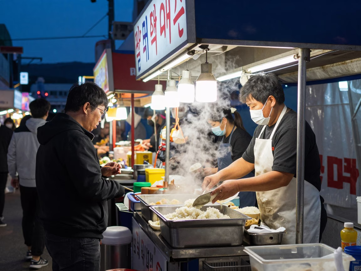 Busy Night Market Stall in Busan South Korea During Indigo Twilight in in Busan, South Korea