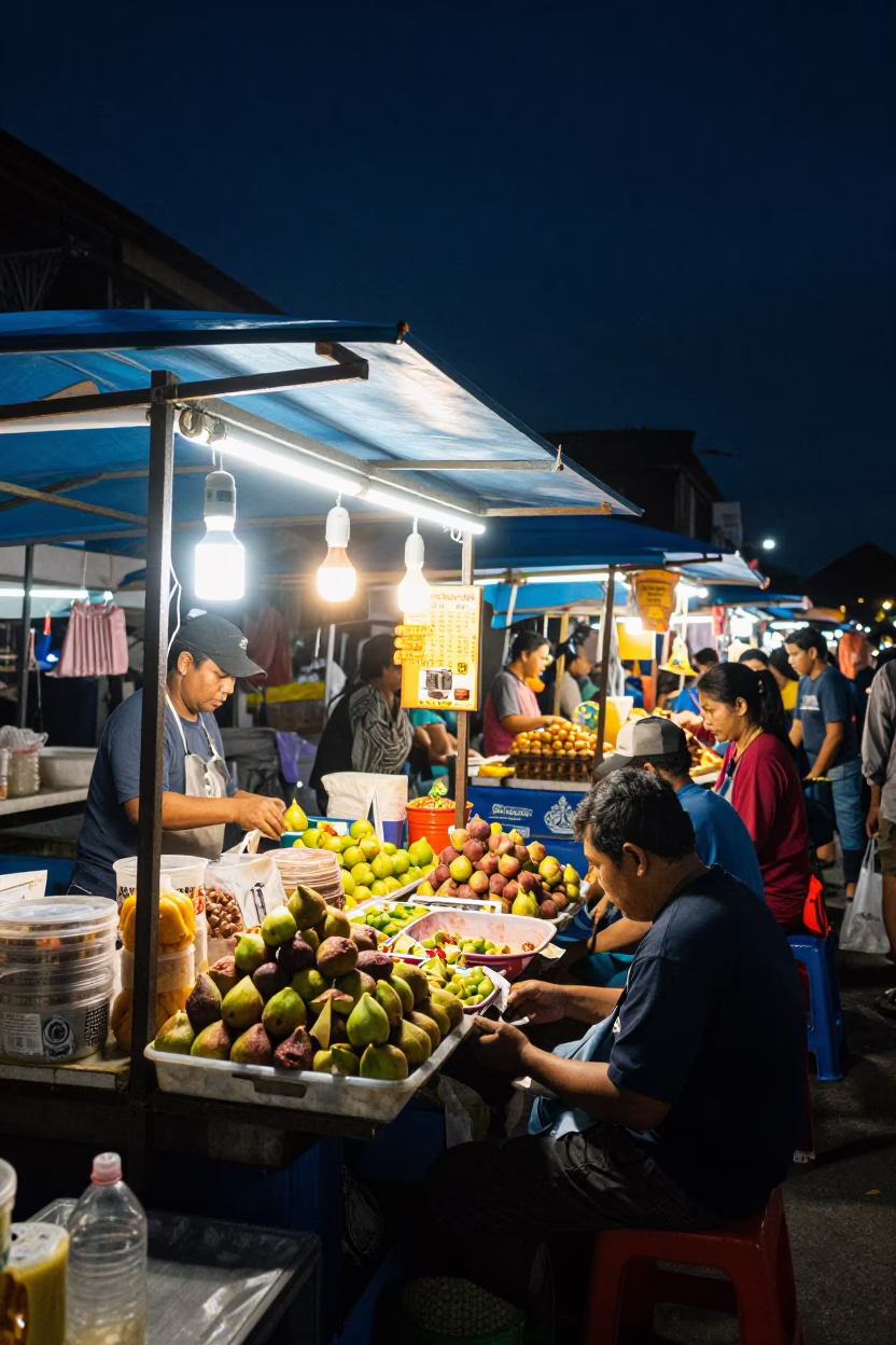 Busy Night Market Stall in Denpasar Indonesia Under Deep Night Sky in in Denpasar, Indonesia