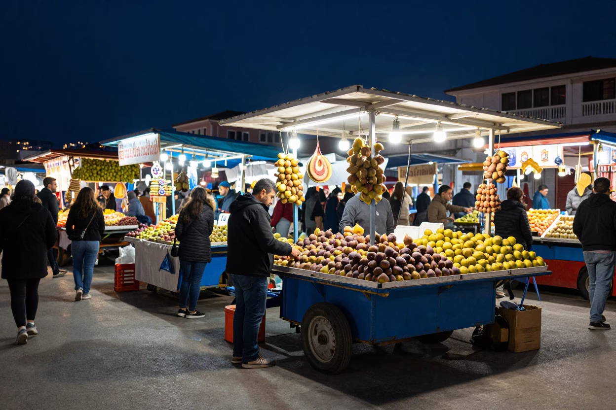 Busy Night Market Stall in Izmir Turkey with Rolling Carts and Local Street Life in in Izmir, Turkey