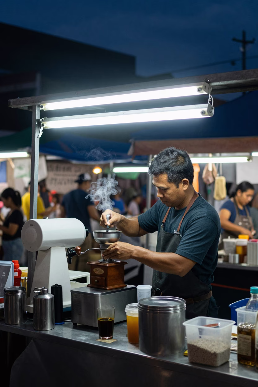 Busy Night Market Stall in Phuket Thailand Predawn Coffee Grinding Activity in in Phuket, Thailand