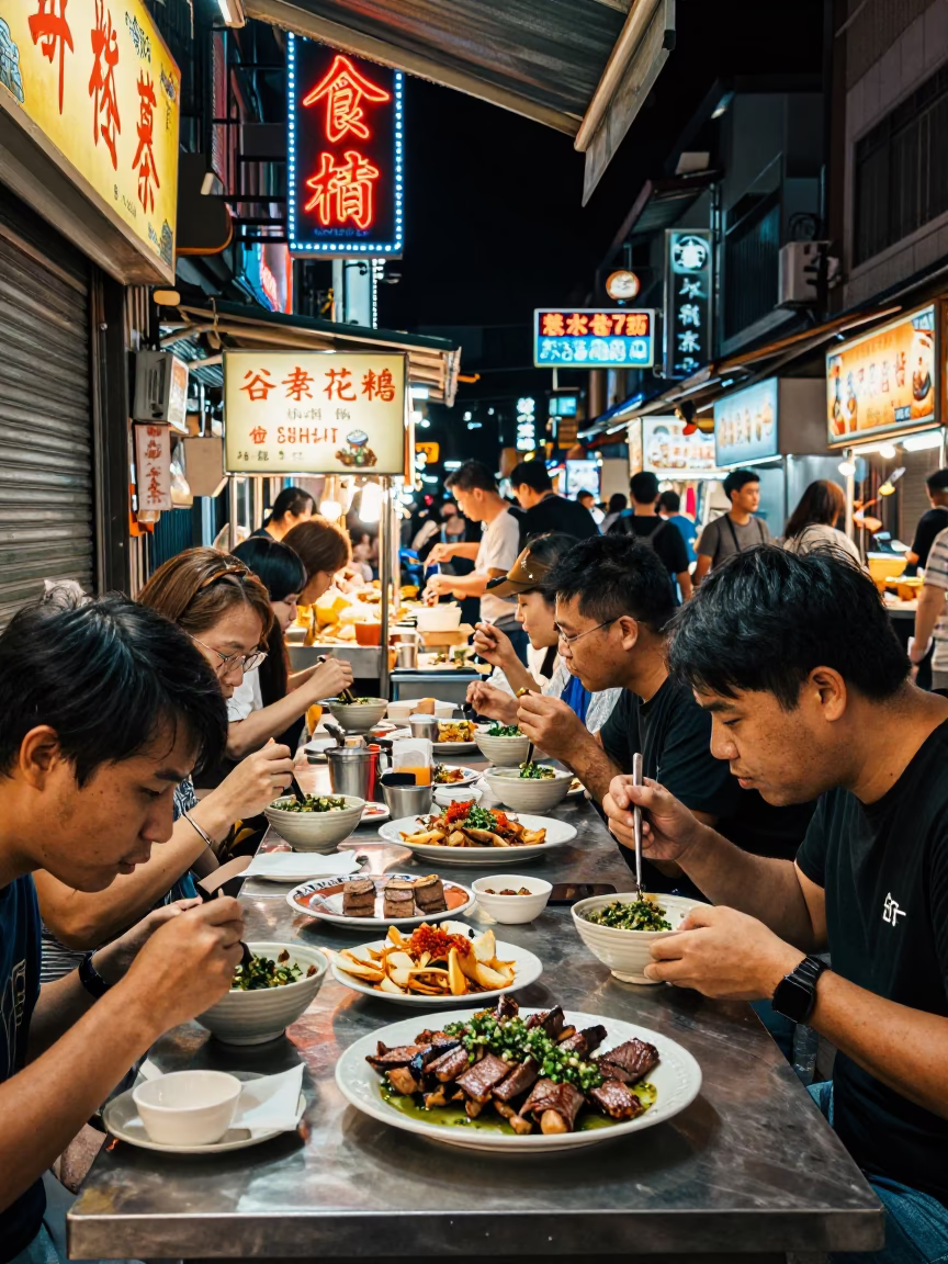 Busy Night Market Stall in Tainan Taiwan with Neon Lights and Local Dining in in Tainan, Taiwan