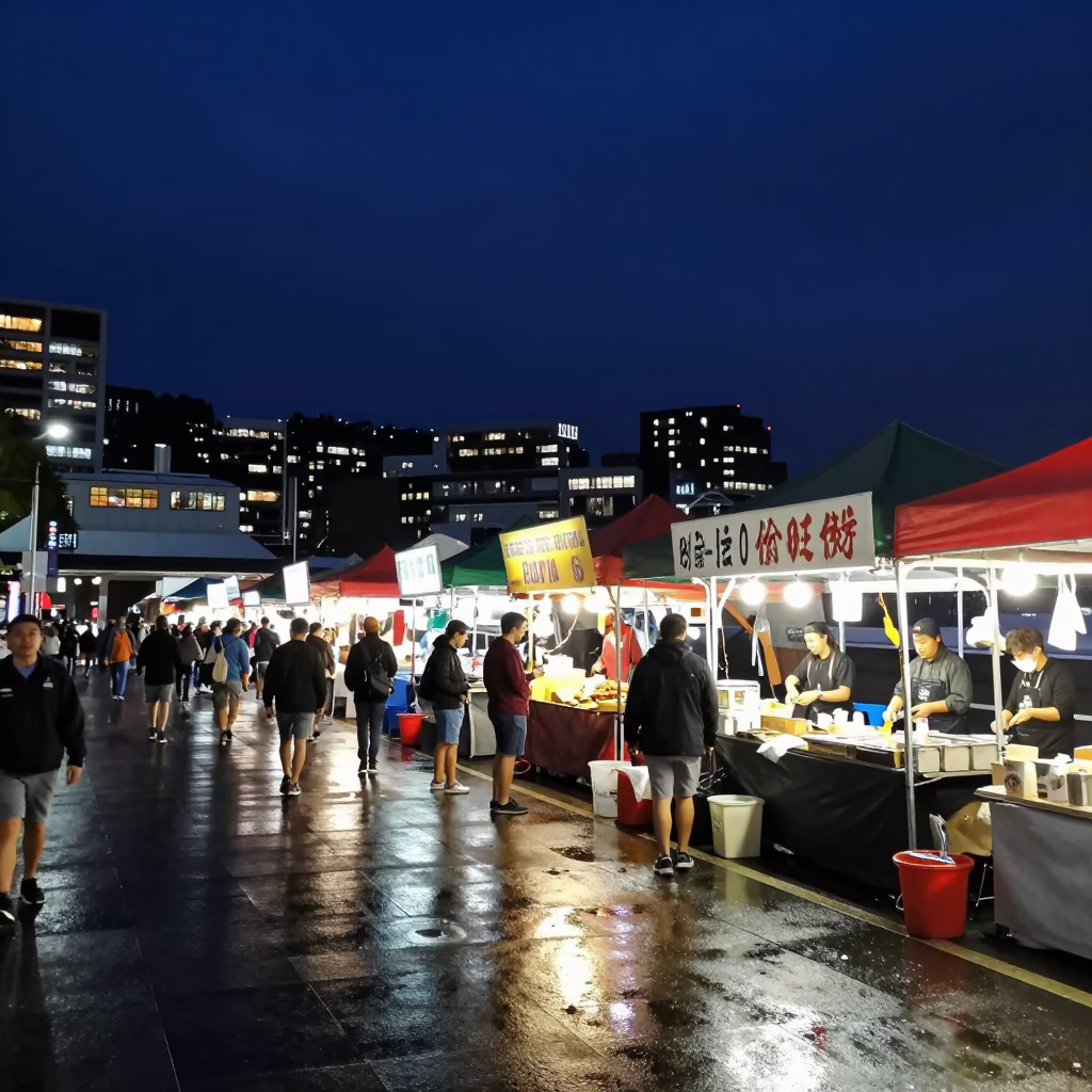 Busy Night Market Stall in Wellington New Zealand Under Deep Night Sky in in Wellington, New Zealand