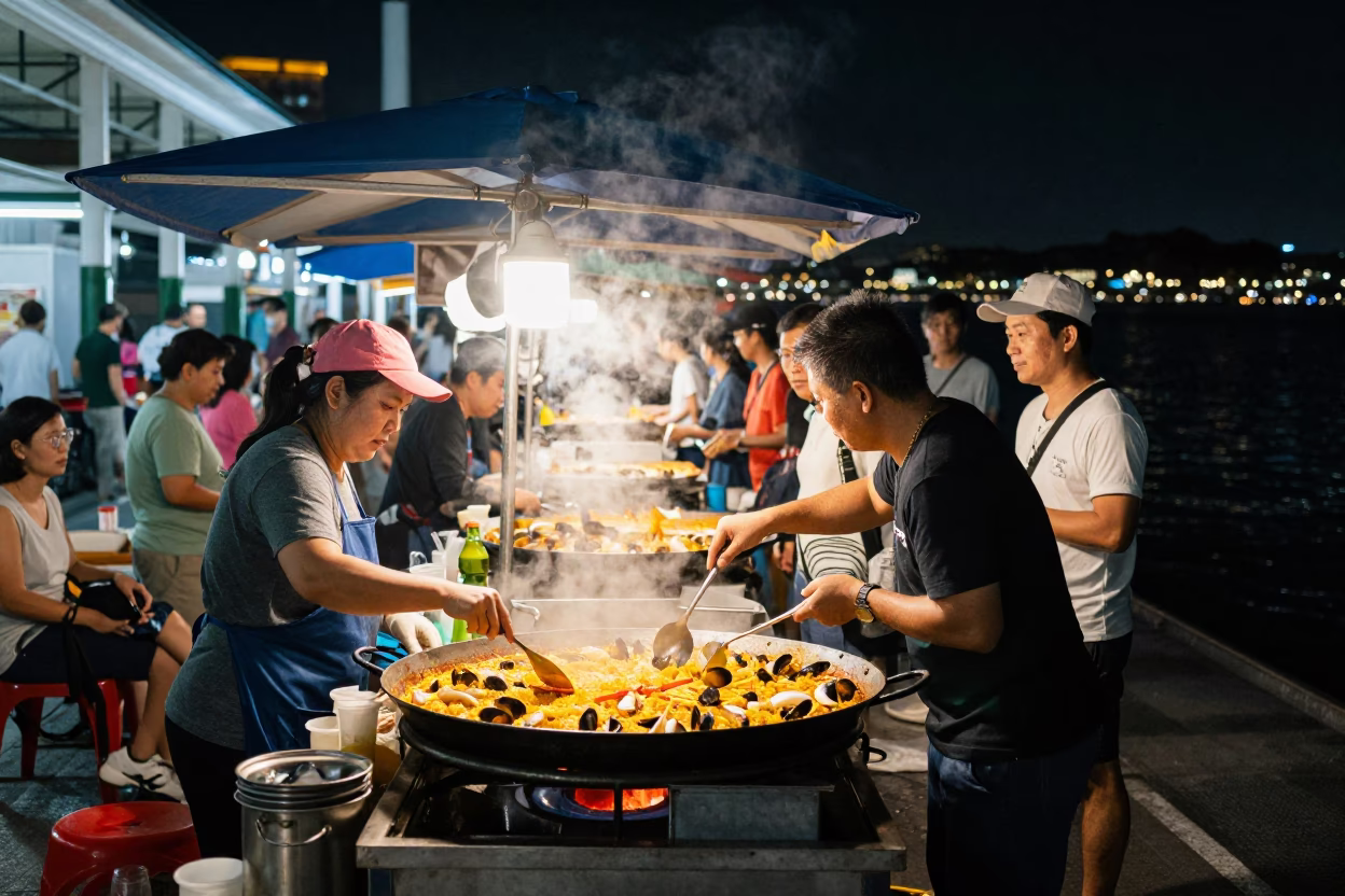 Busy Night Market Stall with Water Taxi Docked Nearby in Singapore in in Singapore, Singapore