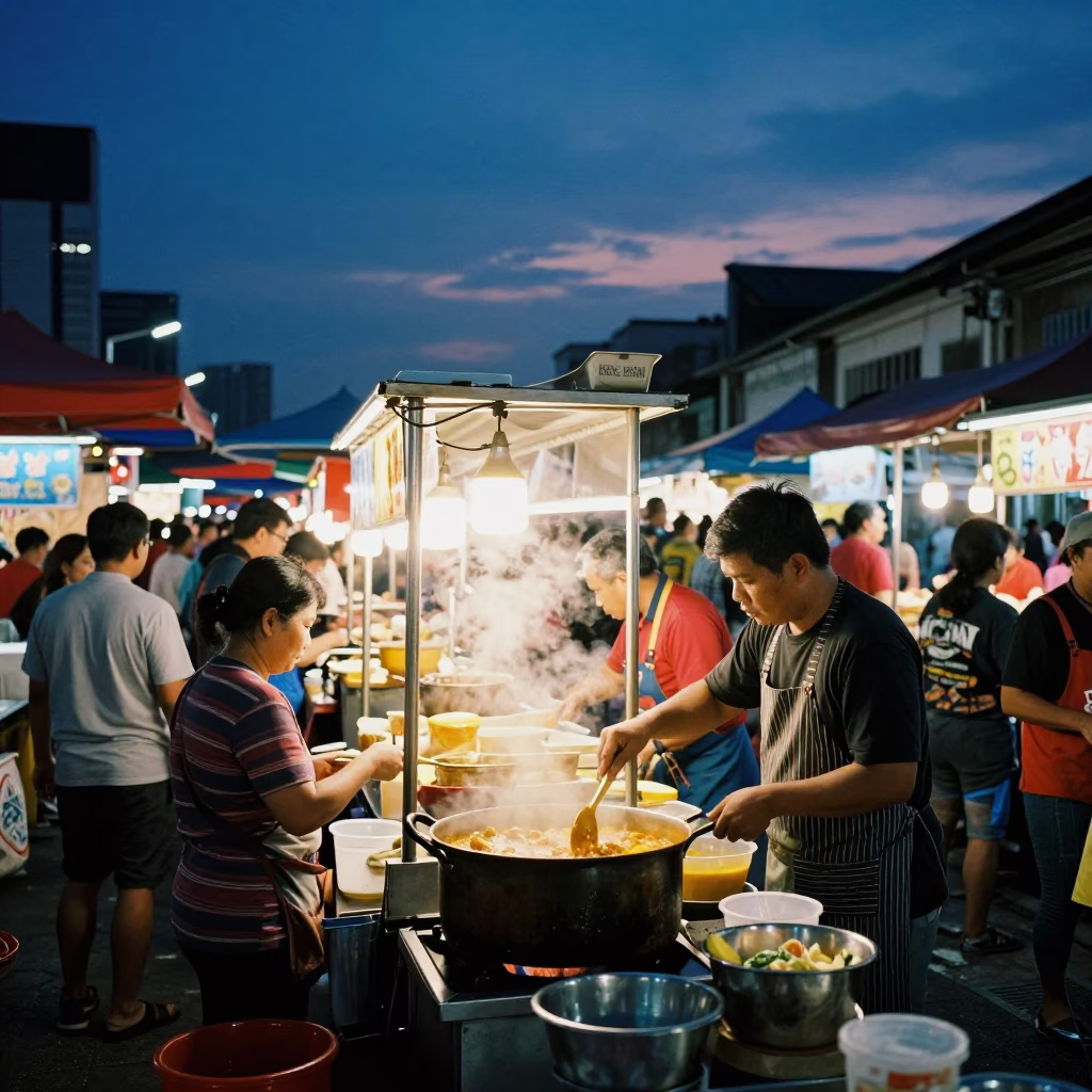 Busy Night Market Street Food Stall in Kuala Lumpur Malaysia During Indigo Twilight in in Kuala Lumpur, Malaysia