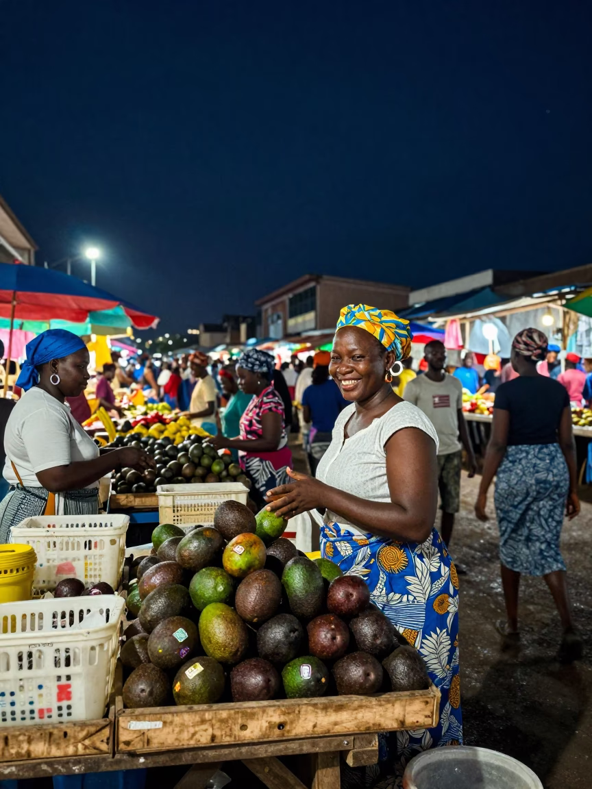 Busy Night Market Street Scene in Accra Ghana Under Deep Night Sky in in Accra, Ghana