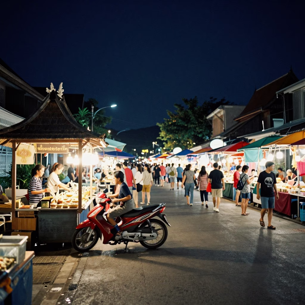 Busy Night Market Street Scene in Chiang Mai Thailand Under Deep Night Sky in in Chiang Mai, Thailand