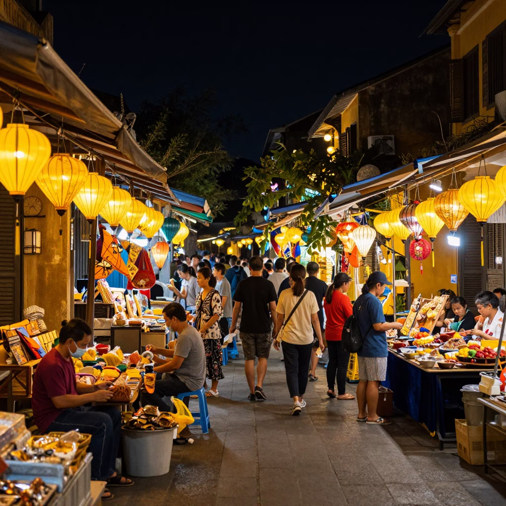 Busy Night Market Street Scene in Hoi An Vietnam with Lanterns and Local Life in in Hoi An, Vietnam