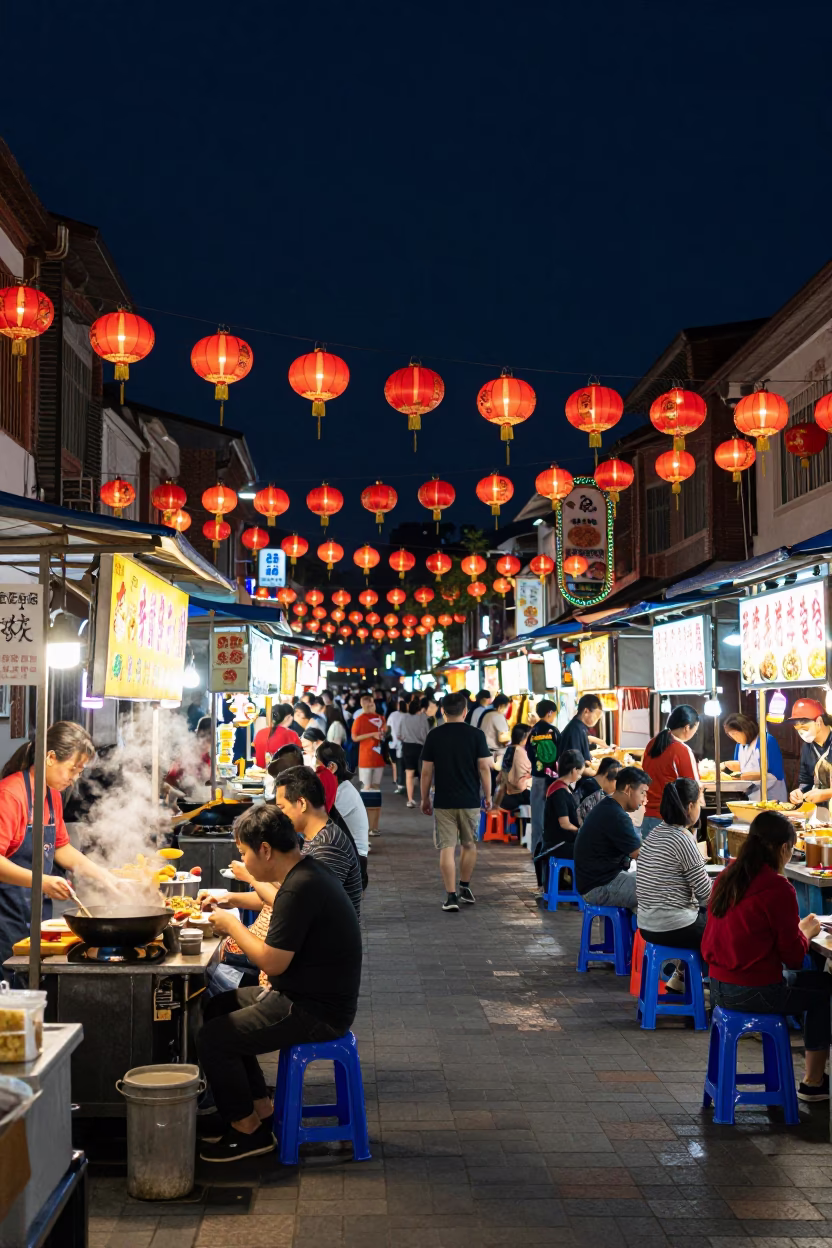 Busy Night Market Street Scene in Tainan Taiwan Under Deep Night Sky in in Tainan, Taiwan