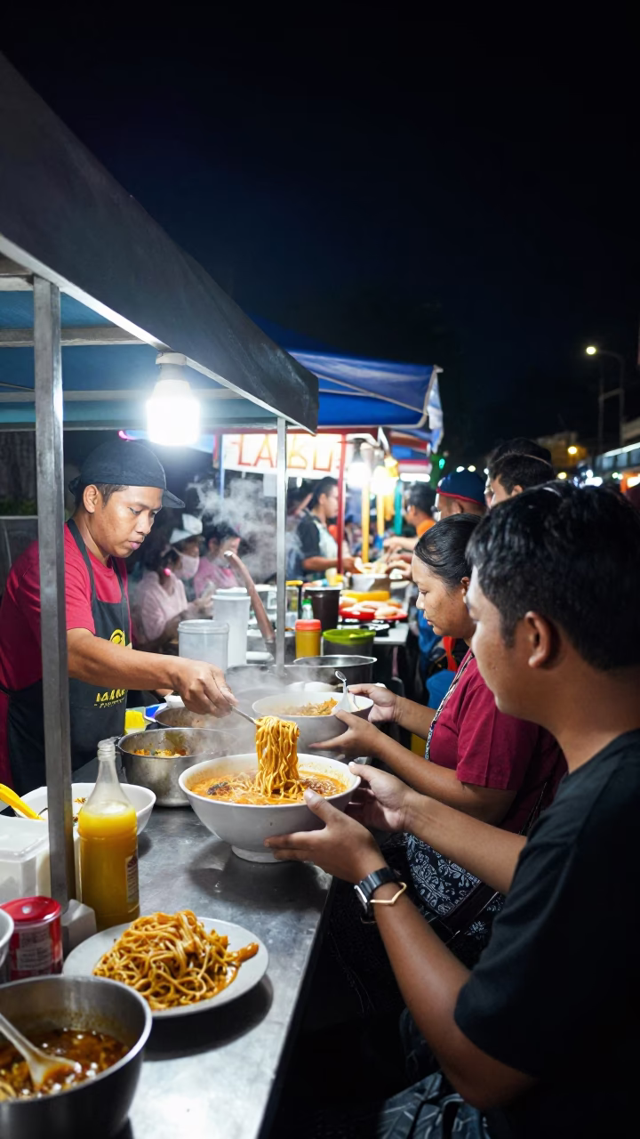 Busy Night Street Food Stall in Denpasar Indonesia Serving Laksa Lemac with Thick Noodles in in Denpasar, Indonesia