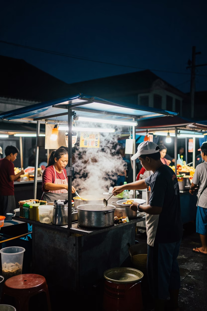 Busy Night Street Food Stall in Denpasar Indonesia Under Deep Night Sky in in Denpasar, Indonesia