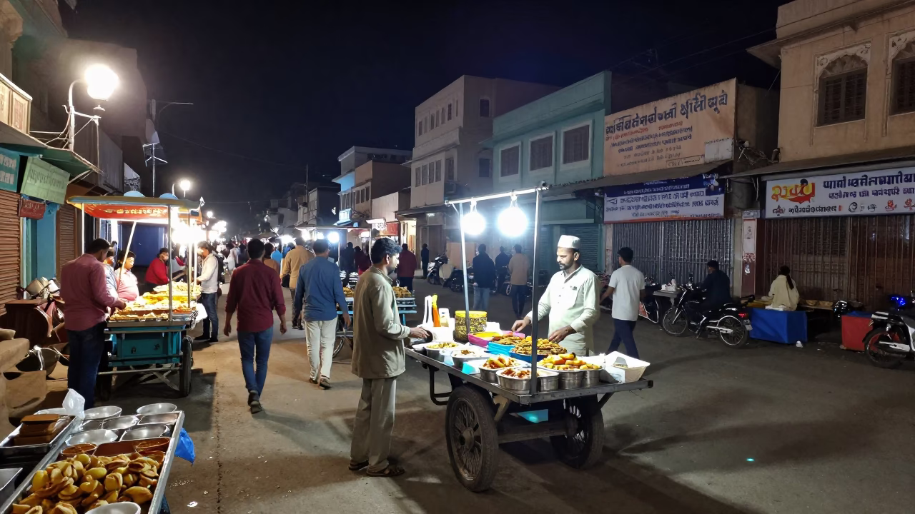 Busy Night Street Scene in Jaipur India with Local Food and Traditional Elements in in Jaipur, India