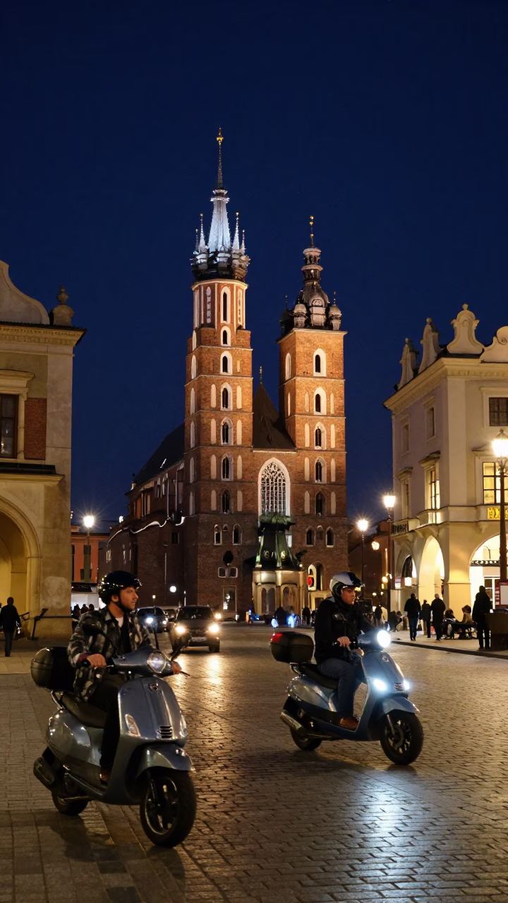 Busy Night Street Scene in Krakow Poland with Scooter and Historic Architecture in in Krakow, Poland