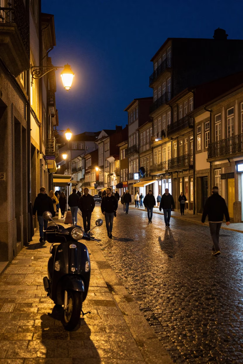 Busy Night Street Scene in Porto Portugal with Vintage Motorcycle and Onions in in Porto, Portugal