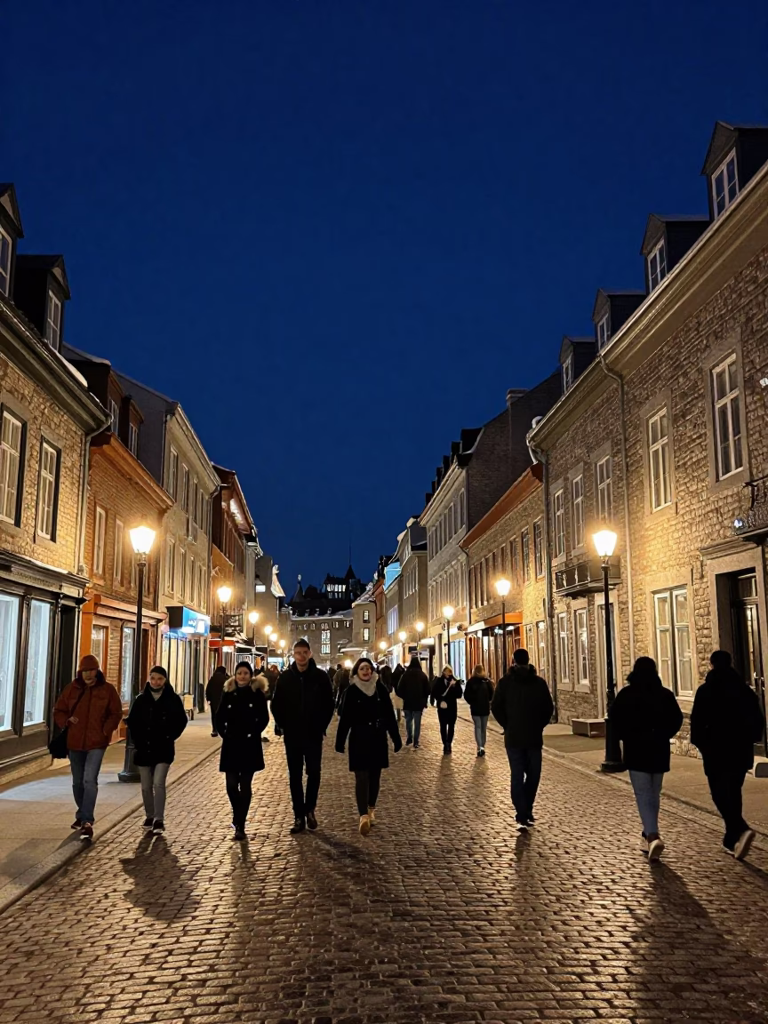 Busy Night Street Scene in Quebec City Under Deep Night Sky in in Quebec City, Quebec, Canada