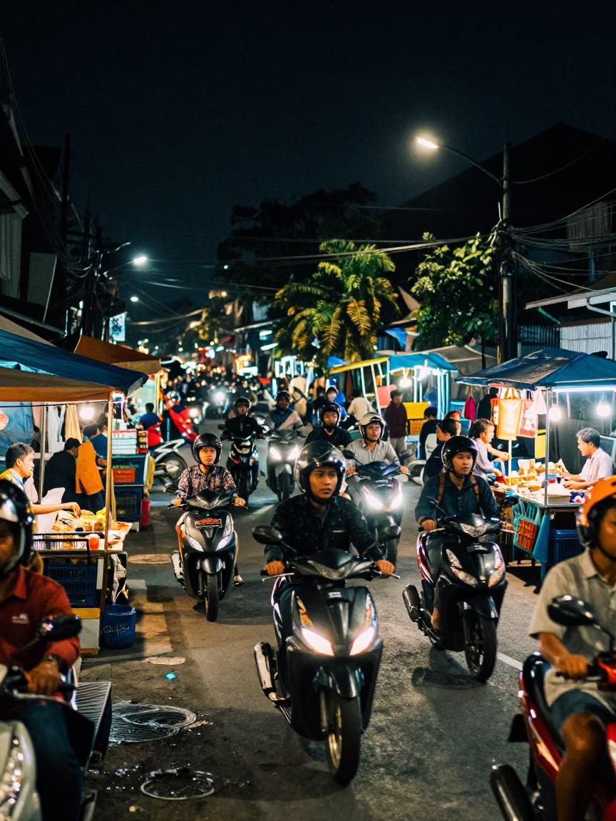 Busy Night Street Scene in Yogyakarta Indonesia with Scooters and Street Food Vendors in in Yogyakarta, Indonesia