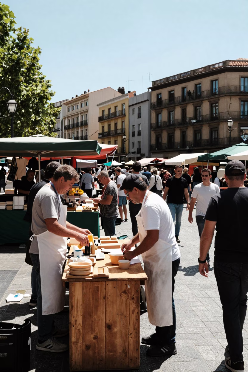 Busy noon market scene in Bilbao Spain with vendors and shoppers in in Bilbao, Spain