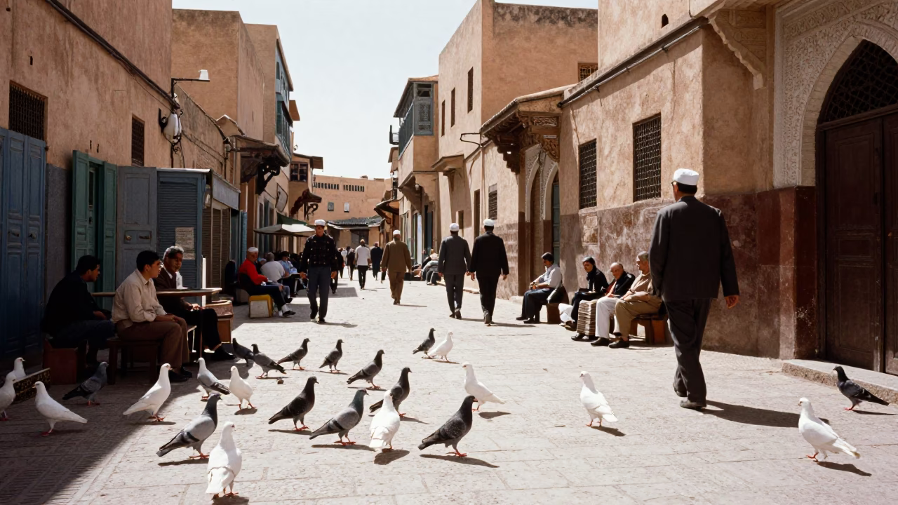Busy Noon Street Scene in Fez Morocco with Pigeons and Traditional Elements in in Fez, Morocco