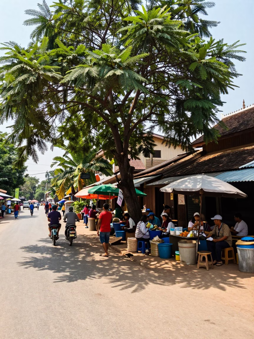 Busy Noon Street Scene in Luang Prabang Laos with Tamarind Tree and Paper Lanterns in in Luang Prabang, Laos