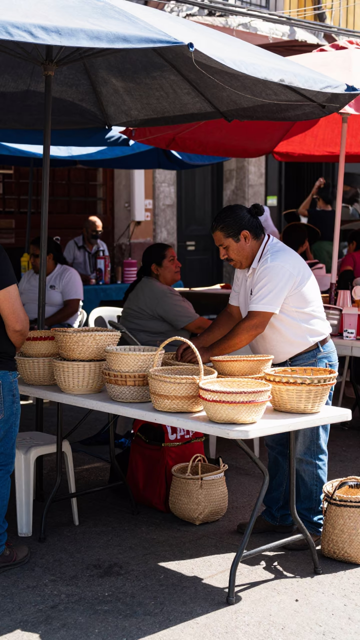Busy Oaxaca Market Stall Early Afternoon Folding Tables and Local Commerce in in Oaxaca, Mexico