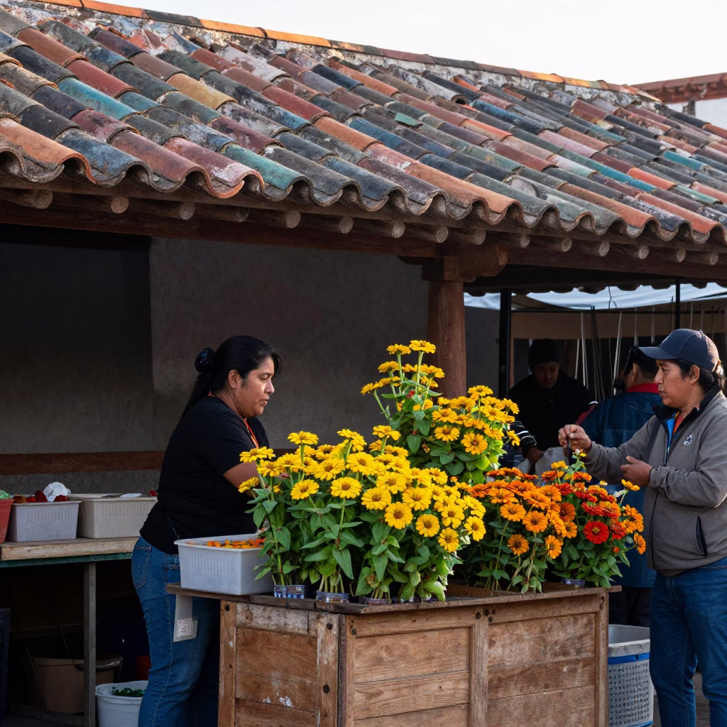 Busy Oaxaca Market Stall in First Light with Zinnias and Trowel in in Oaxaca, Mexico