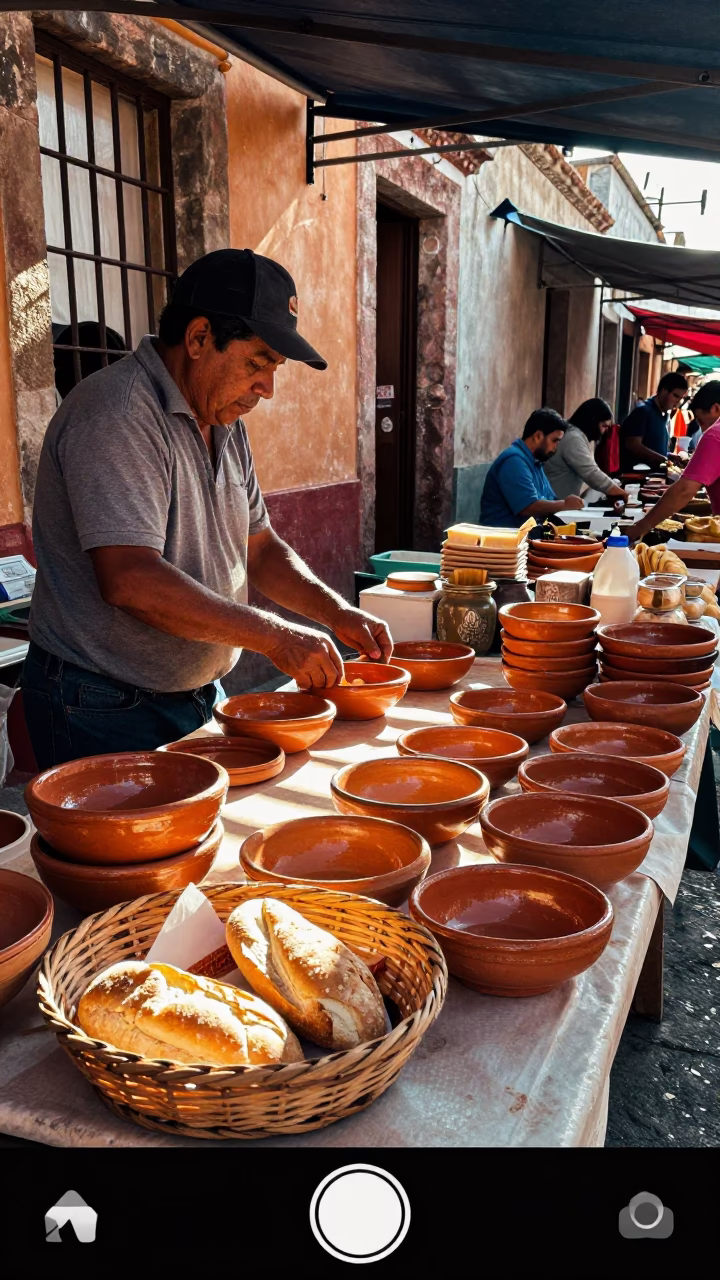 Busy Oaxaca Market Stall with Clay Bowls and Bread Basket in Late Afternoon Light in in Oaxaca, Mexico