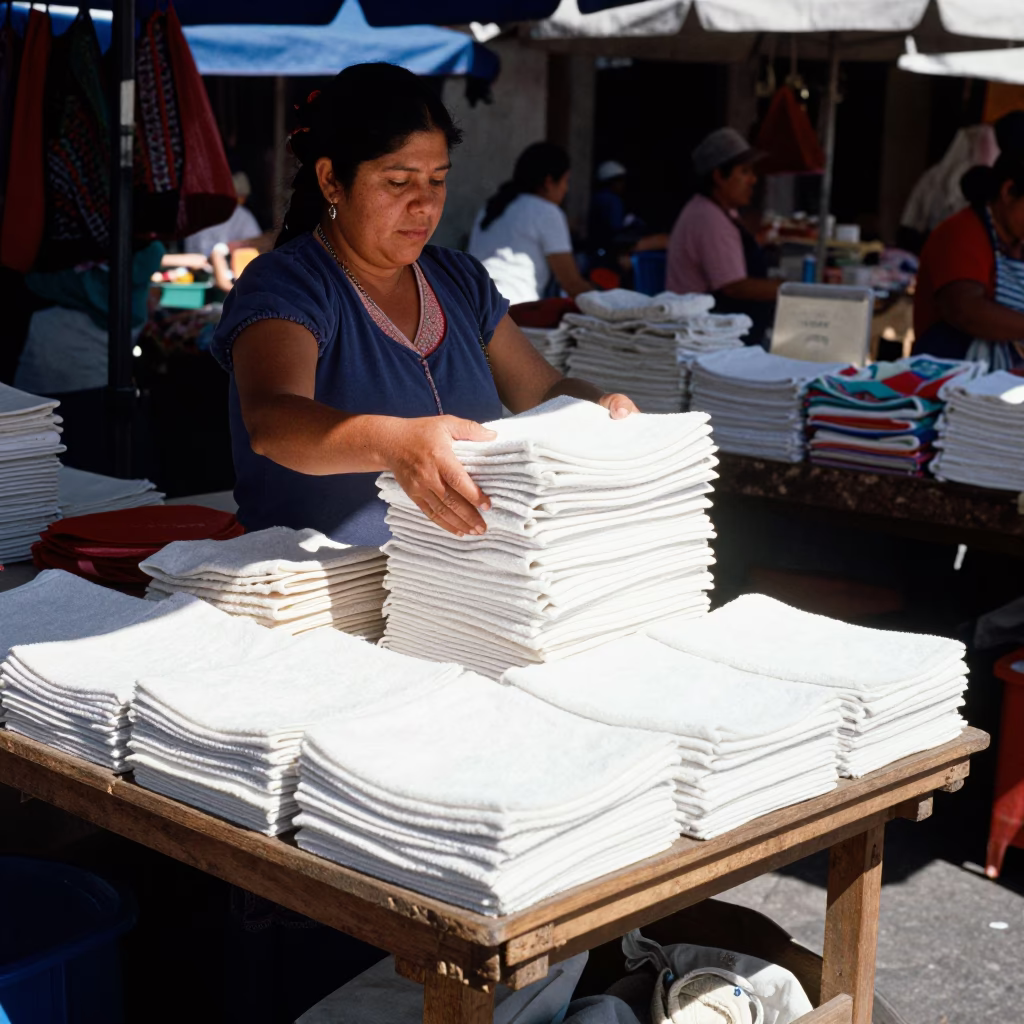 Busy Oaxaca Market Stall with Hand Towels Under Flat Noon Sun in in Oaxaca, Mexico