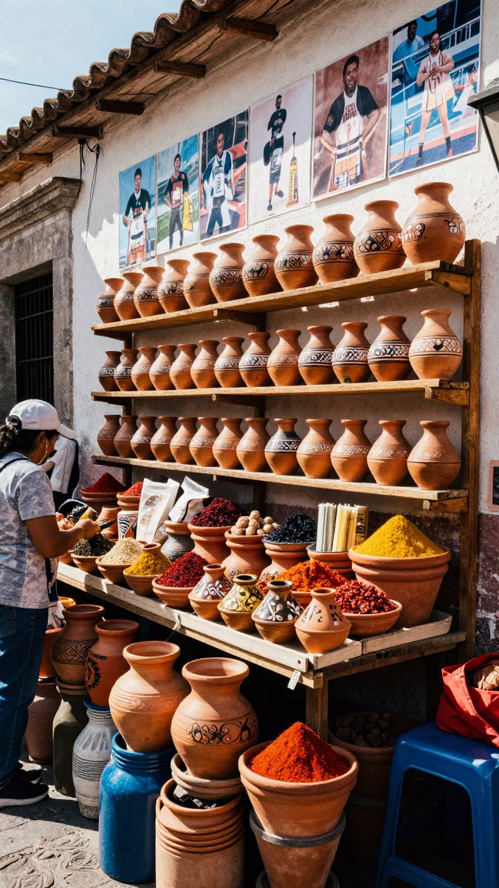 Busy Oaxaca Market Stall with Terracotta Pots and Spice Jars Under Noon Sun in in Oaxaca, Mexico