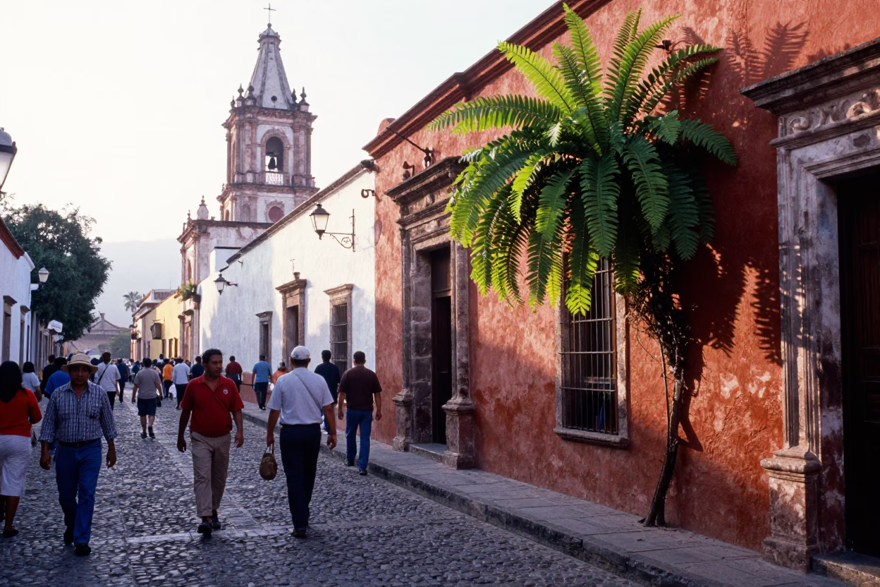 Busy Oaxaca Market Street Morning with Staghorn Fern and Local Commerce in in Oaxaca, Mexico