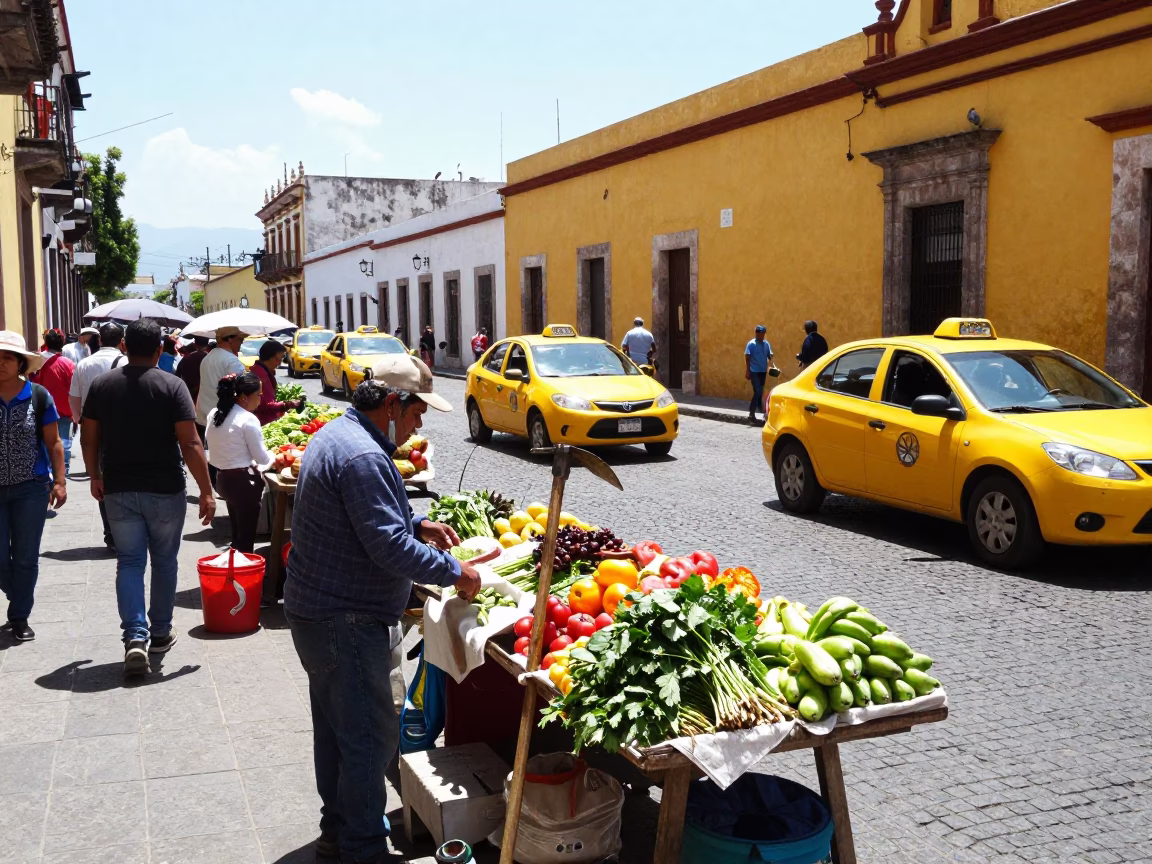 Busy Oaxaca Market Street Scene with Hoe and Yellow Taxi in Bright Midmorning Light in in Oaxaca, Mexico