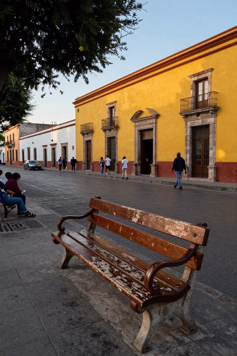 Busy Oaxaca Mexico Early Afternoon Street Scene with Park Bench and Pulley in in Oaxaca, Mexico