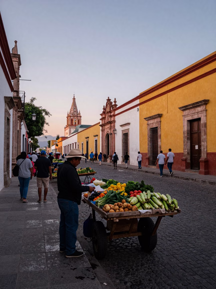 Busy Oaxaca Mexico Evening Street Scene with Local Market Activity and Traditional Elements in in Oaxaca, Mexico