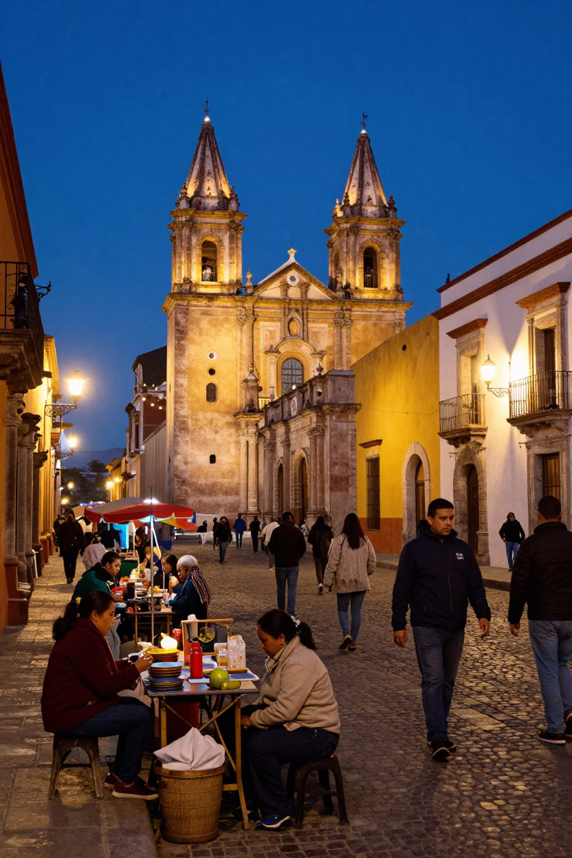 Busy Oaxaca Mexico street scene at blue hour with local vendors and colonial architecture in in Oaxaca, Mexico
