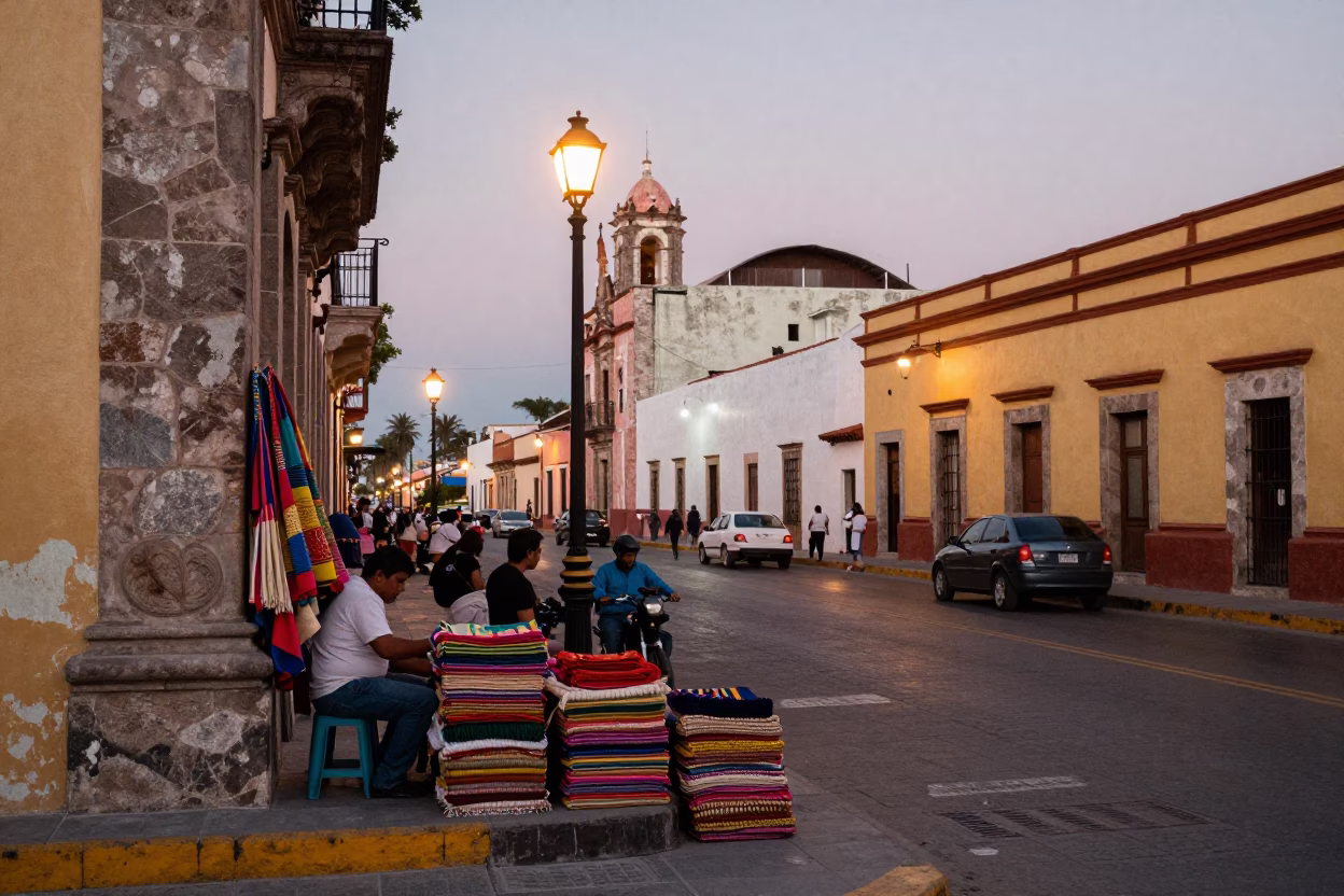 Busy Oaxaca Mexico Street Scene at Nautical Dawn with Local Market Activity in in Oaxaca, Mexico