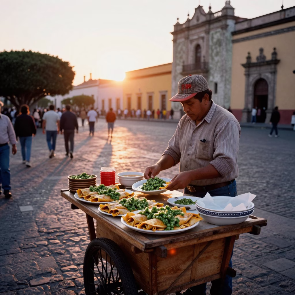Busy Oaxaca Mexico street scene at sunset with vendor selling enchiladas and green salsa in in Oaxaca, Mexico