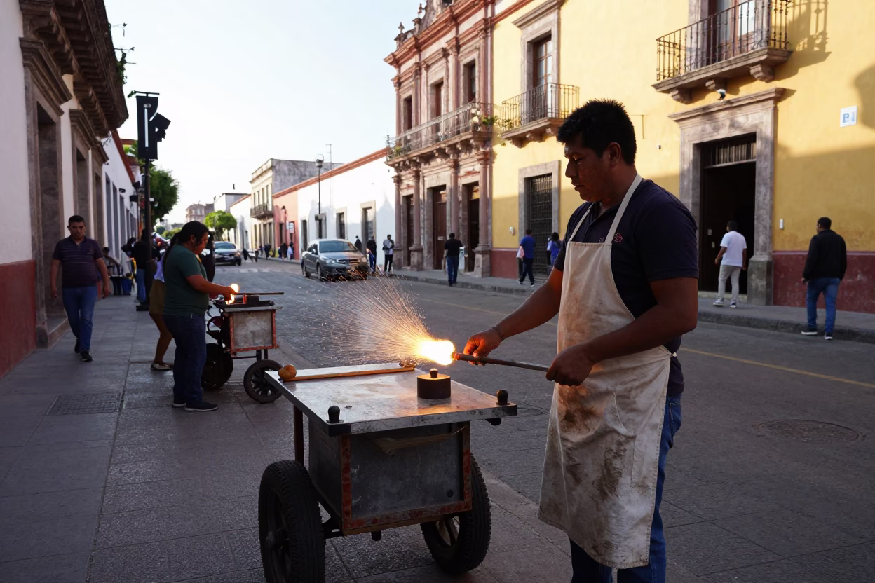 Busy Oaxaca Mexico Street Scene Early Afternoon with Glass Blowing Demonstration in in Oaxaca, Mexico