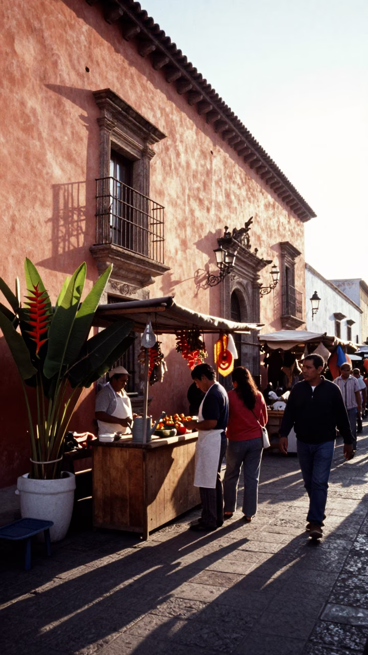 Busy Oaxaca Mexico Street Scene Just After Sunrise with Heliconia and Watering Can in in Oaxaca, Mexico