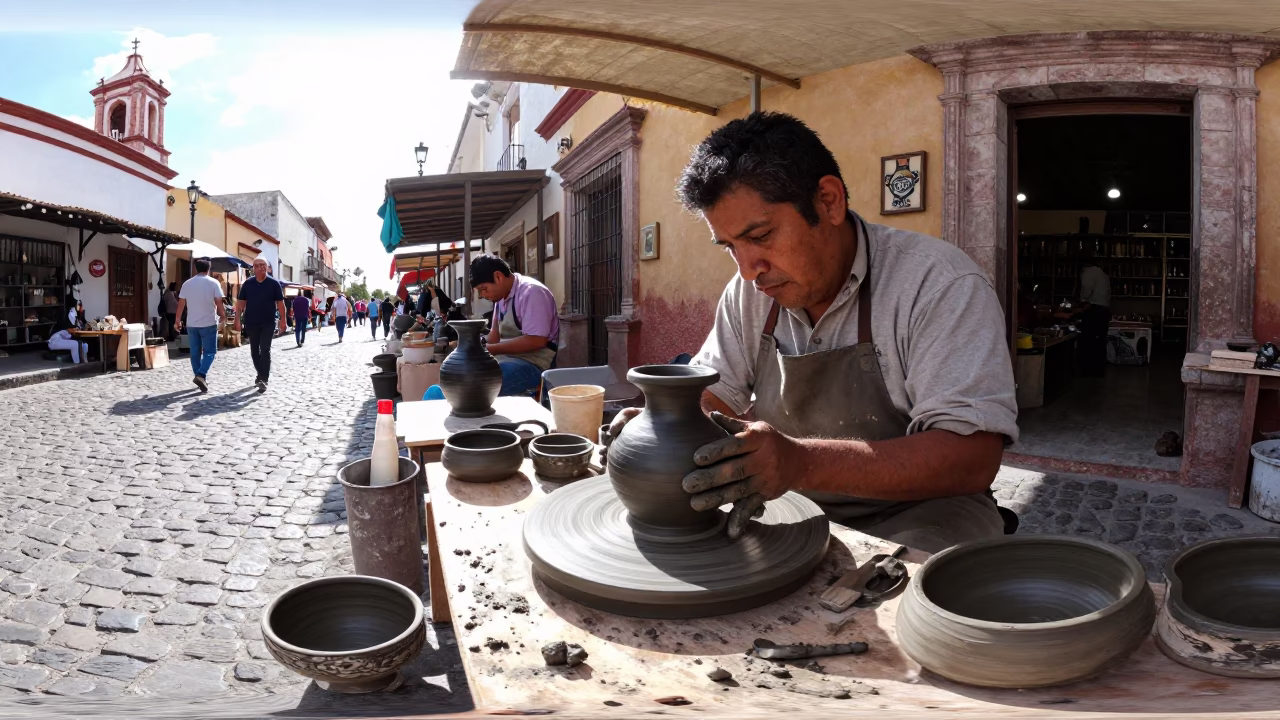 Busy Oaxaca Mexico Street Scene Midmorning Light Ceramicist Clay Work in in Oaxaca, Mexico