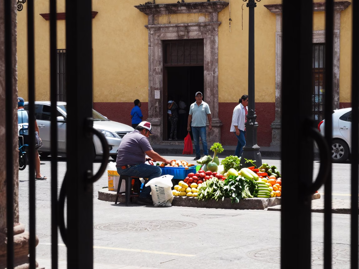 Busy Oaxaca Mexico Street Scene Under Noon Glare With Local Vendor And Traditional Gate in in Oaxaca, Mexico