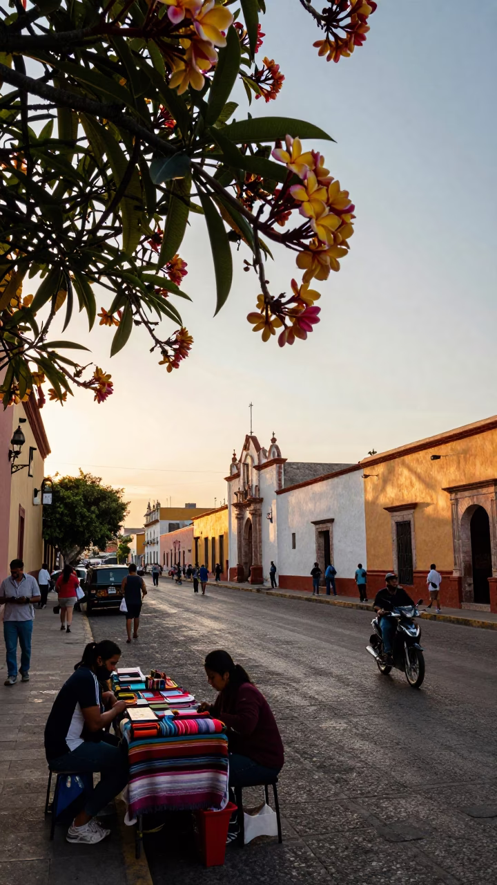 Busy Oaxaca Mexico Sunset Street Scene with Frangipani Branch and Local Market Activity in in Oaxaca, Mexico