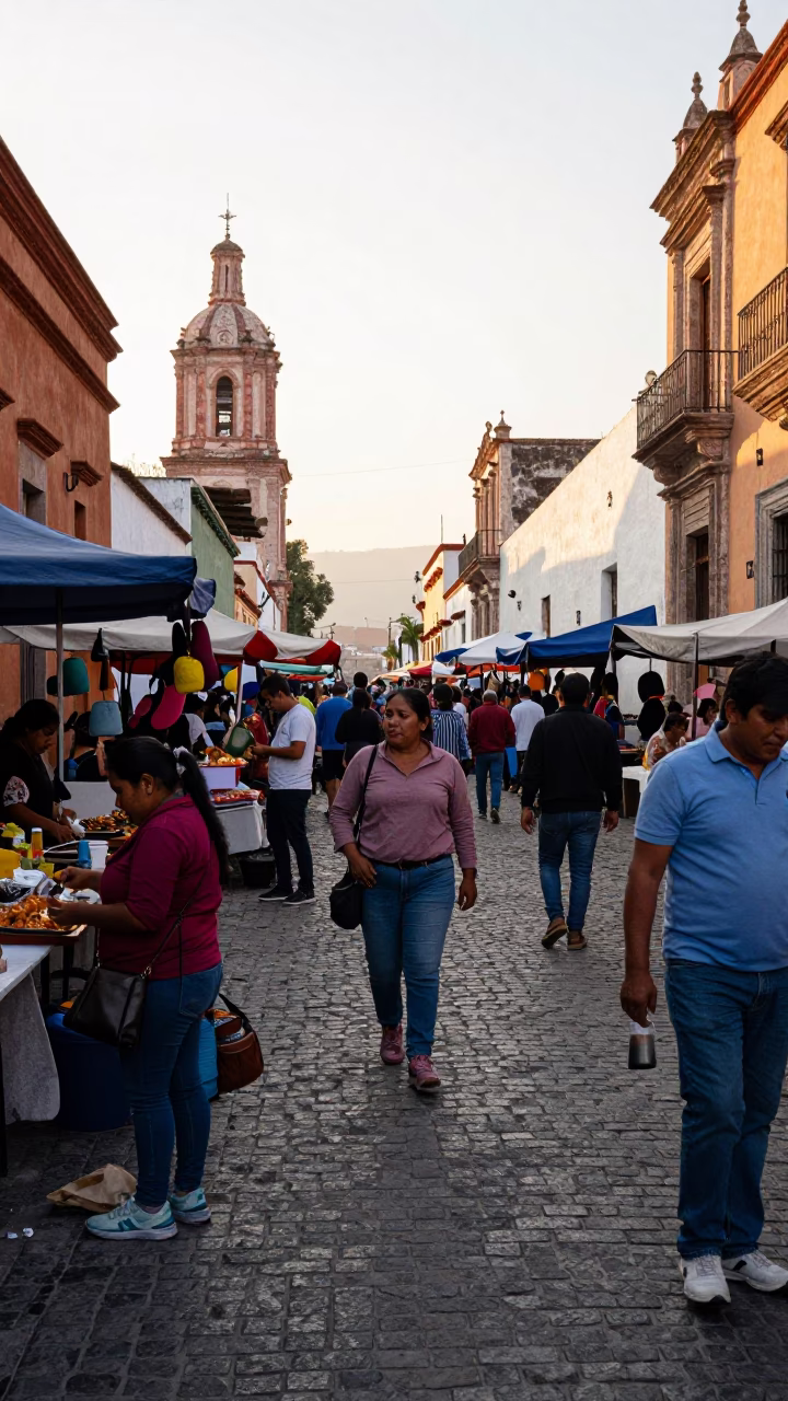 Busy Oaxaca Morning Market Street Scene with Local Vendors and Colorful Stalls in in Oaxaca, Mexico