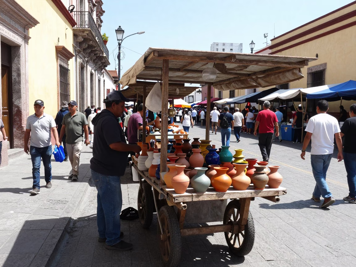 Busy Oaxaca Street Market Stall Under Flat Noon Sunlight with Local Vendor in in Oaxaca, Mexico