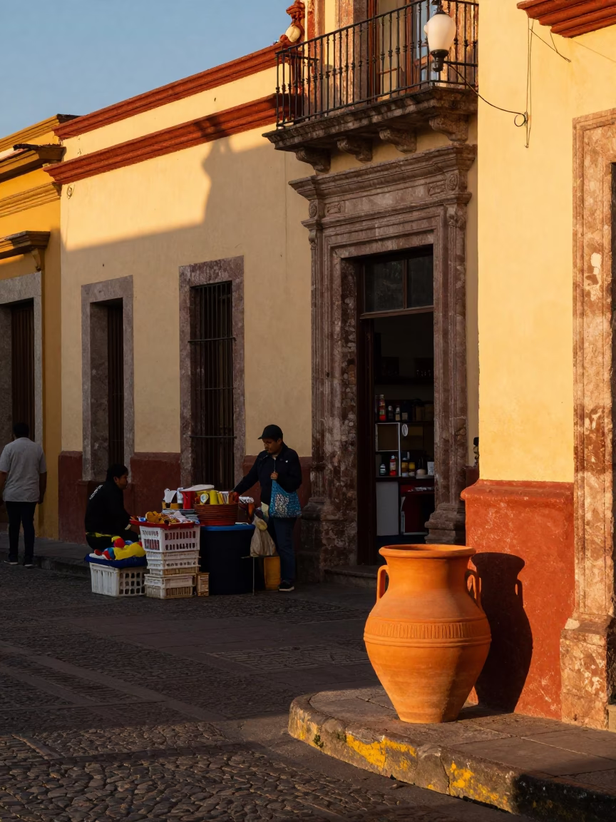 Busy Oaxaca Street Scene with Terracotta Pot and Kitchen Stool at Golden Hour in in Oaxaca, Mexico